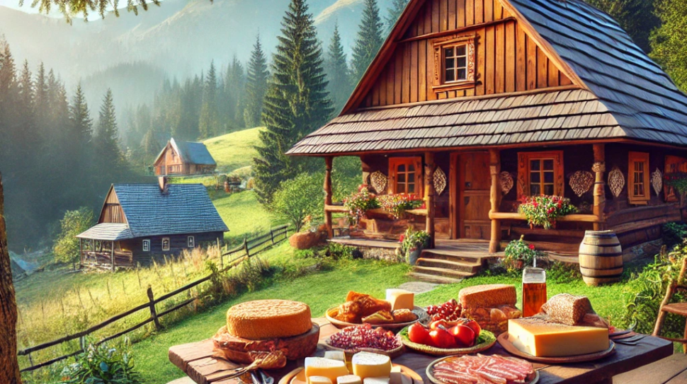 DALL·E 2025-01-09 15.10.41 - A picturesque scene of an old wooden cottage nestled in the mountains and surrounded by dense forests. The setting is idyllic and peaceful, with tradi